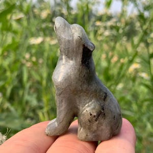 May include: A gray stone wolf figurine, sculpted in a sitting position with its head raised. The figurine is held in a hand against a blurred green and white background of foliage.