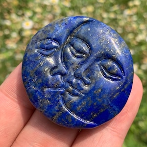 1.6&#39;&#39;+ Natural Lapis lazuli quartz,quartz crystal,hand carved,Crystal Sun and Moon Skull,Fine Crystal Gifts 1PC