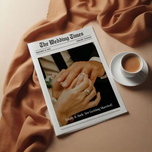 以下が含まれることがあります： 「The Wedding Times」というタイトルの新聞で、「Emily & Jack Are Getting Married!」という見出しがあります。結婚指輪をした手の写真が掲載されています。右側にはソーサーの上にコーヒーカップがあります。新聞の日付は2025年9月14日です。