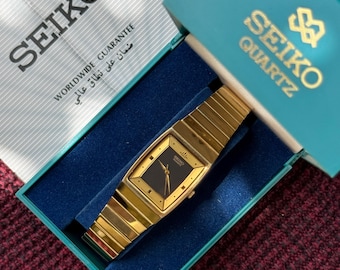 Rare Vintage Seiko Galaxy Tank Watch 8Y21-5080 | Ultra Slim Gold Dress Watch | Black Dial Luxury 1980s Seiko | Full Set Box and Papers