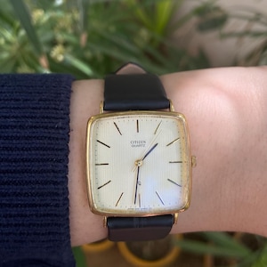 Vintage Citizen Quartz CQ Tank Watch Gold Plated Rectangular Case Champagne Linen Dial 1980s Minimalist Dress Watch Classic Men’s Watch