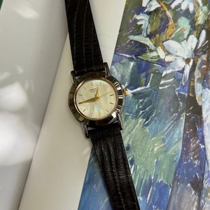 Vintage Seiko Mother of Pearl Dial Watch: Black Lizard Leather Strap