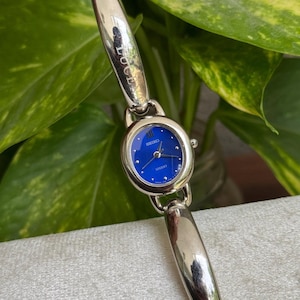 Puede incluir: Un reloj de pulsera Seiko Lucent plateado con esfera azul. El reloj tiene una esfera redonda con agujas y marcadores plateados. La correa del reloj es plateada y tiene la palabra "Lucent" grabada. El fondo es una planta verde borrosa.