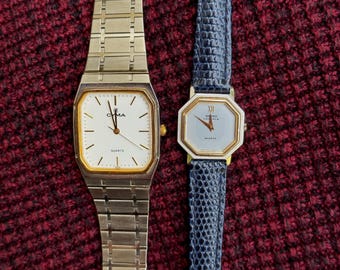 Vintage His Hers Watch Set– Cyma Rectangular Two-Tone Dress Watch & Seiko Lassale Octagonal Watch– Luxury Bundle deal -Swiss + Japan Quart