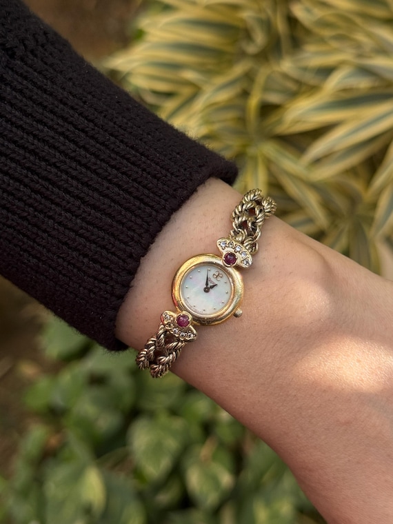 Vintage Citizen Elegance Watch, Gold Tone Bracelet Watch, Ruby & Diamond Accent Cocktail Watch, Mother of Pearl Dial, Women’s Dress Watch