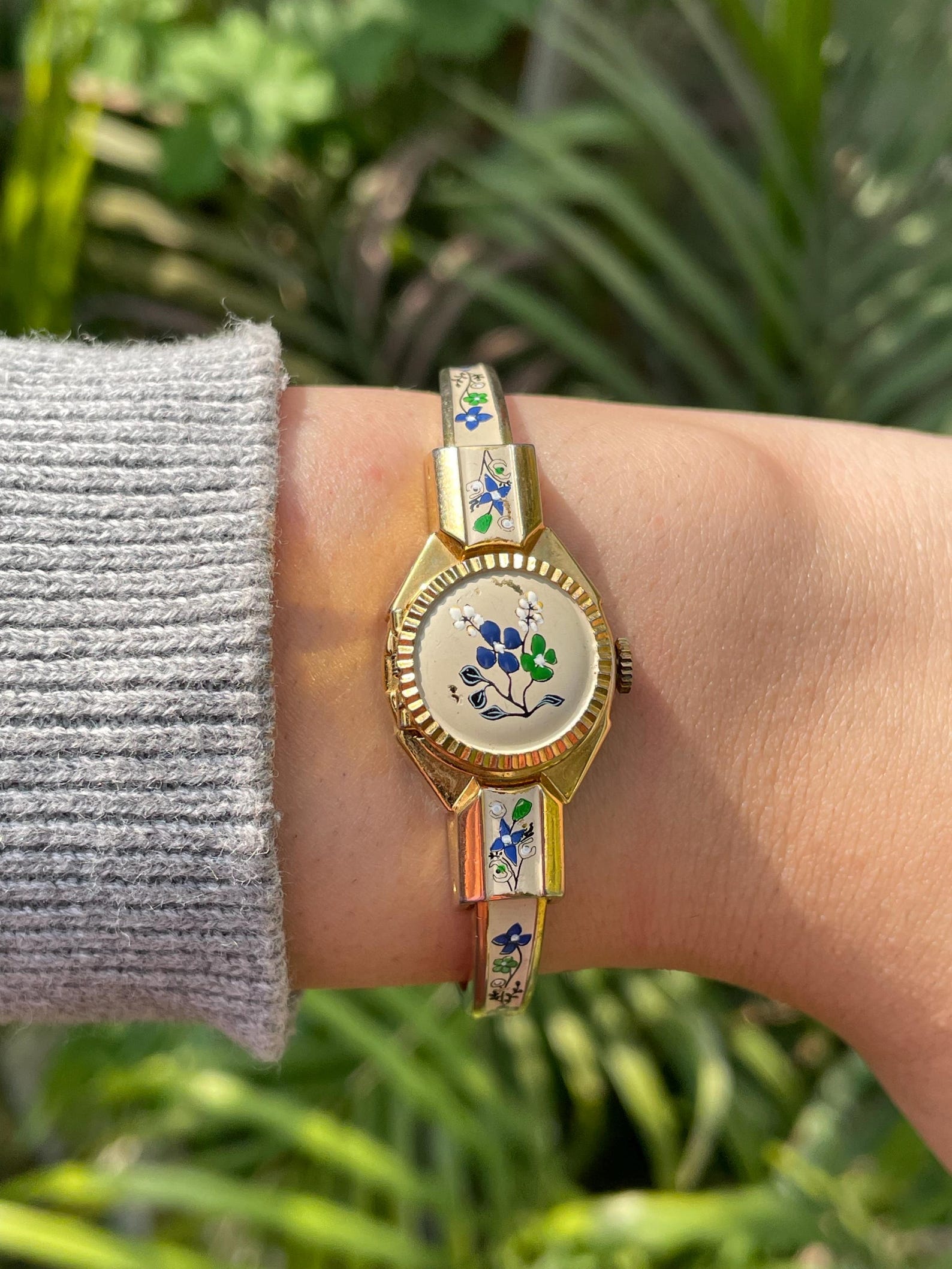 Boo Watch Vintage Swiss Peek A Boo Watch, Hand Painted Floral Enamel Bangle Watch ...