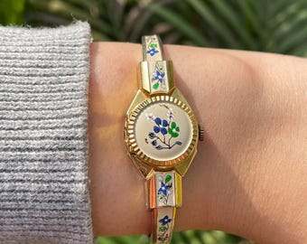 Vintage Swiss Peek A Boo Watch, Hand Painted Floral Enamel Bangle Watch, Concealed Dial Gold Plated Cover Watch, Unique Secret Women Watch