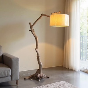 Free standing floor lamp driftwood tree branch tall standing lighting fabric lampshade solid wood light branch