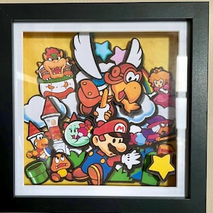 Cuadro enmarcado Paper Mario 3D Shadowbox, arte de pared de juegos retro de Nintendo 64