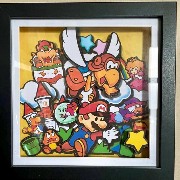 Paper Mario 3D Shadowbox framed picture, Nintendo 64 retro gaming wall art