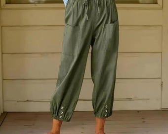 High Waisted Boho Loose Fit Harem Pants, Women's Elastic Waist Cropped Plus Size Pants