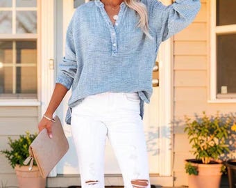 Cotton Button Blouse, Women's Plus Size Long Sleeve Top, Boho Loose Fit Tunic