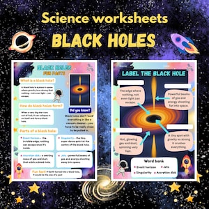 Könnte beinhalten: Lehrreiche naturwissenschaftliche Arbeitsblätter über Schwarze Löcher. Die Arbeitsblätter enthalten Diagramme, Fakten und eine Beschriftungsaktivität. Das Design umfasst Illustrationen von Astronauten, Raketen und einem Schwarzen Loch.