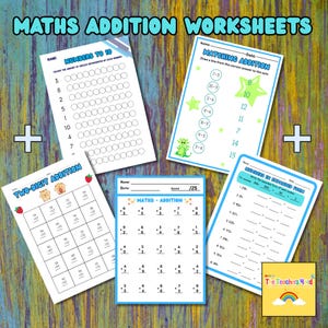 May include: A collection of colorful math addition worksheets for children. The worksheets include addition problems, matching exercises, and number recognition activities. The worksheets are designed to help children practice and improve their math skills. The text "MATHS ADDITION WORKSHEETS" is at the top.