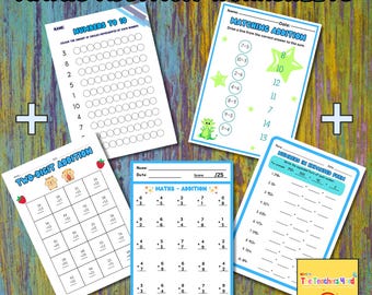 May include: A collection of colorful math addition worksheets for children. The worksheets include addition problems, matching exercises, and number recognition activities. The worksheets are designed to help children practice and improve their math skills. The text "MATHS ADDITION WORKSHEETS" is at the top.
