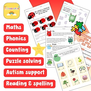 May include: Educational worksheets for kids, featuring math, phonics, counting, puzzle-solving, autism support, and reading & spelling activities. Includes ladybug counting, even number coloring, and word completion exercises. A star and puzzle pieces are also visible.