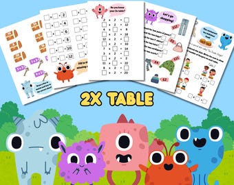May include: A collection of colorful Monster Maths Worksheets featuring cartoon monsters and math problems. The worksheets include multiplication tables and shopping-themed word problems. The image also includes the text "2X TABLE".