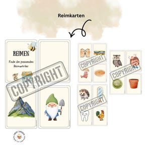 Könnte beinhalten: Ein Satz illustrierter Karten mit dem deutschen Wort "Reimkarten". Die Karten zeigen Bilder von Biene, Maus, Haus, Berg, Zwerg und anderen Objekten. Die Karten sind für Lernzwecke konzipiert.