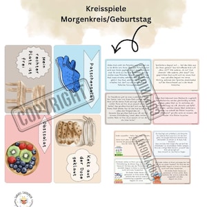 Può includere: Un insieme di carte didattiche con testo in tedesco. Le carte presentano illustrazioni di una scarpa blu, un barattolo di biscotti, una ciotola di frutta e testo. Il titolo "Kreisspiele Morgenkreis/Geburtstag" è in alto.