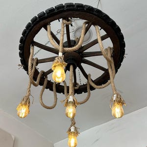 Rustic Wood Wheel Chandelier – Handmade Rope Pendant Light with 6 Bulbs, Farmhouse Ceiling Light for Dining Room, Cabin or Loft Decor