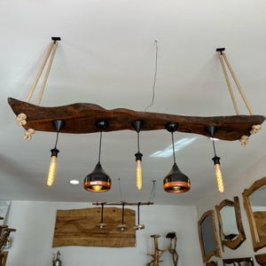 Live Edge Walnut Wood Chandelier – Rustic Ceiling Light with Edison Bulbs, Rope Hanging Farmhouse Pendant Lighting