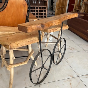 Rustic Wood Console Table with Wrought Iron Wheel Legs – Handmade Natural Entryway Table, Farmhouse Hallway Furniture