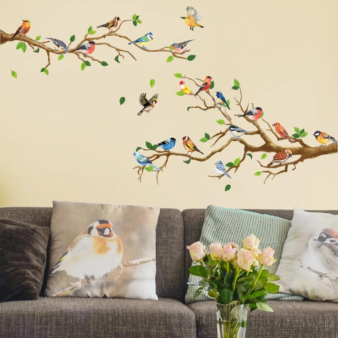 Colorful Birds on Branch Wall Decal, Nature Tree Sticker, Living Room ...