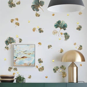 Ginkgoblad muurstickers, sticker botanisch bladgoud, Peel Stick natuur decor, Peel and Stick natuur decor voor slaapkamer woonkamer