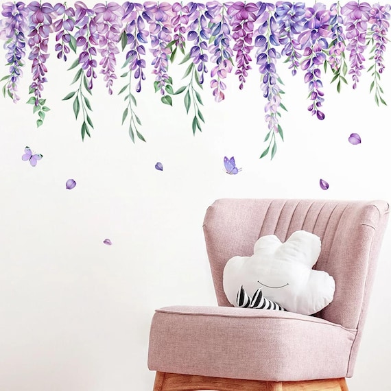 Purple Wisteria Wall Decals, Removable Floral Wall Art, Hanging Flower Wall Decals for Living Room, Watercolor Purple Flower Wall Stickers