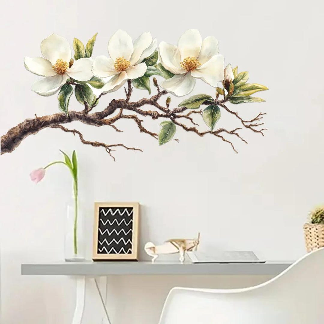 Magnolia Flower Branch Wall Decal, Elegant Botanical Floral Sticker ...