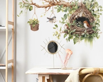 Bird Nest Wall Decal with Green Leaves | Nature Wall Sticker | Botanical Bird Wall Art | Rustic Farmhouse Wall Decor, Living Room Wall Decal