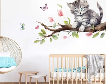Cute Kitten Vinyl Wall Decal, Nursery Decor, Wall Stickers for Cat Lovers, Kitten Wall Decals for Kids Living Room Wall Arts, Pet Decor
