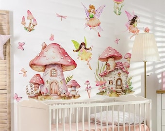 Sticker maison champignon fée, sticker chambre d'enfant pastel, art mural fée rose, sticker amovible pour chambre d'enfant, déco chambre d'enfant bohème, décoration murale