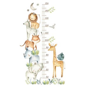 May include: A watercolour height chart with safari animals: a lion, zebra, tiger, rhino, elephant, and giraffe. The chart measures from 50 to 150 cm, with a moon and stars at the top.