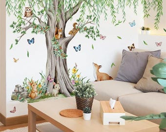 Large Woodland Tree Wall Decal, Forest Animals Nursery Decor, Tropical Jungle Wall Art, Nursery Nature Decor, Boho Kids Room Wall Mural