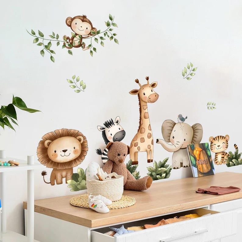 Safari Animals Wall Decals for Kids Room, Jungle Nursery Wall Stickers ...