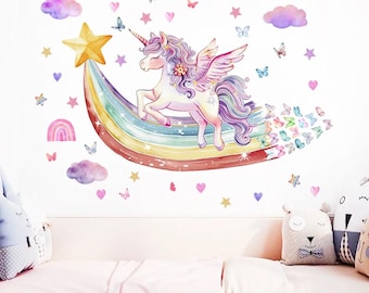 Muurstickers eenhoorn: regenboog sprookje kinderkamerdecoratie, verwijderbaar vinyl
