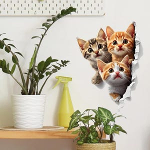 May include: A wall sticker showing three kittens emerging from a torn wall. The kittens are ginger, brown tabby, and white and ginger, with large eyes. The background includes a white wall, a plant in a white pot, and a yellow spray bottle.