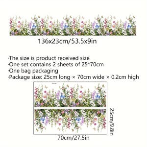 May include: Floral wall decal featuring a vibrant meadow design with colorful flowers and butterflies. The decal measures 53.5 inches long and 9 inches high. The set includes two sheets, each 9.8 inches high and 27.5 inches wide.