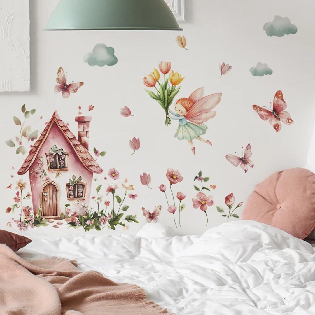 Fairy House Wall Decal for Nursery – Flower Fairy & Butterfly Wall ...