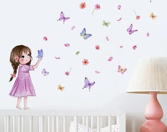 Butterflies and Flowers Wall Decals, Peel & Stick Nursery Decor, Flower Stickers for Kids Room, Nursery Wall Decor, Butterfly Mural