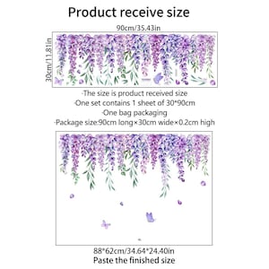 May include: A wall decal featuring a watercolor design of purple wisteria flowers and green leaves. The decal includes butterflies and is labeled with dimensions of 30 inches by 35.43 inches. The finished size is 34.64 inches by 24.40 inches.