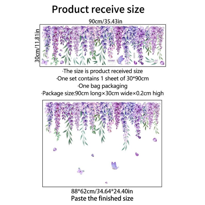 May include: A wall decal featuring a watercolor design of purple wisteria flowers and green leaves. The decal includes butterflies and is labeled with dimensions of 30 inches by 35.43 inches. The finished size is 34.64 inches by 24.40 inches.