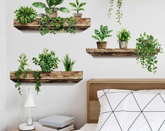 3D Plant Wall Decals, Potted Greenery Wall Stickers for Living Room Bedroom, Removable Fake Plant Shelf Wall Art Home Decor, Green Plant
