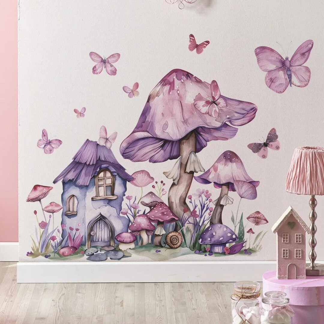 Watercolor Fairy Mushroom House Wall Decal: Purple Nursery Mural ...