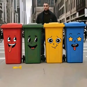 Op de afbeelding: Vier kleurrijke vuilnisbakken met cartoongezichten. De bakken zijn rood, groen, geel en blauw. Elke bak heeft een unieke uitdrukking, waarbij de rode bak zijn tong uitsteekt en de blauwe bak sterrenogen heeft. Een geel voorwerp ligt op de grond.