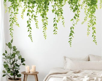 Hanging Green Leaves Wall Decal | Botanical Vine Wall Sticker | Greenery Ceiling Mural | Jungle Leaf Decor | Peel & Stick Plant Decals