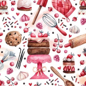 Puede incluir: Ilustración en acuarela de elementos de repostería sobre un fondo blanco. La imagen presenta una tarta de chocolate en capas con fresas, un batidor, un rodillo, una galleta y un soporte rosa para tartas. Se dispersan chispas, corazones y bayas.