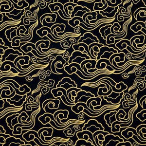May include: Black fabric featuring a repeating pattern of gold swirling clouds. The design showcases stylized cloud shapes with flowing lines, creating a dynamic and elegant visual texture. The contrast between the dark background and the gold elements is striking.