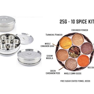Indian Masala Dabba Stainless Steel With 10 Spice Kit -  Lid & Free Spoon Spice Box Tin